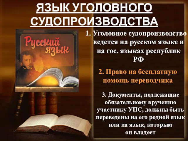 ЯЗЫК УГОЛОВНОГО СУДОПРОИЗВОДСТВА 1. Уголовное судопроизводство ведется на русском языке