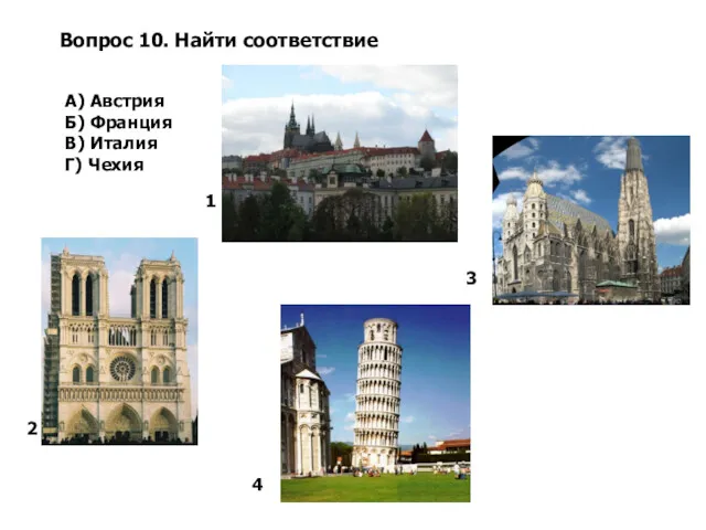 Вопрос 10. Найти соответствие А) Австрия Б) Франция В) Италия Г) Чехия 1 2 3 4