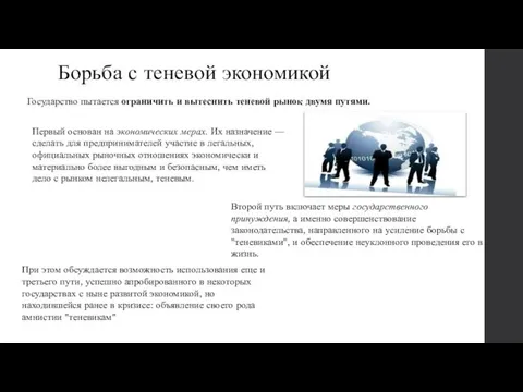 Борьба с теневой экономикой Государство пытается ограничить и вытеснить теневой