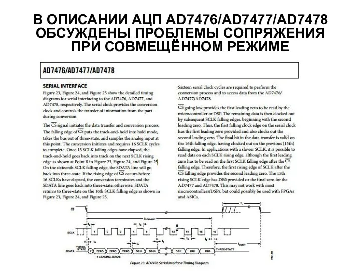 В ОПИСАНИИ АЦП AD7476/AD7477/AD7478 ОБСУЖДЕНЫ ПРОБЛЕМЫ СОПРЯЖЕНИЯ ПРИ СОВМЕЩЁННОМ РЕЖИМЕ