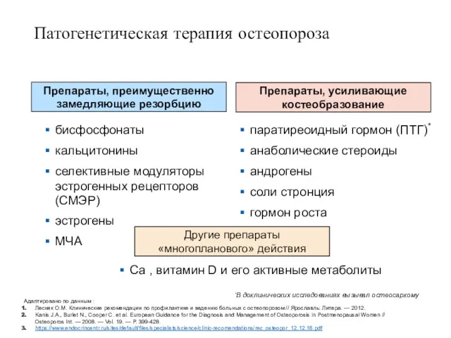 Патогенетическая терапия остеопороза бисфосфонаты кальцитонины селективные модуляторы эстрогенных рецепторов (СМЭР) эстрогены МЧА Препараты,