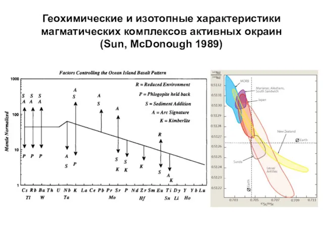 Геохимические и изотопные характеристики магматических комплексов активных окраин (Sun, McDonough 1989)