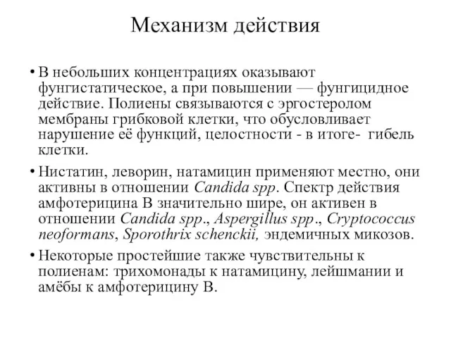 Механизм действия В небольших концентрациях оказывают фунгистатическое, а при повышении