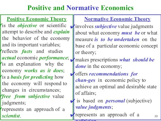 Positive and Normative Economics Positive Economic Theory is the objective