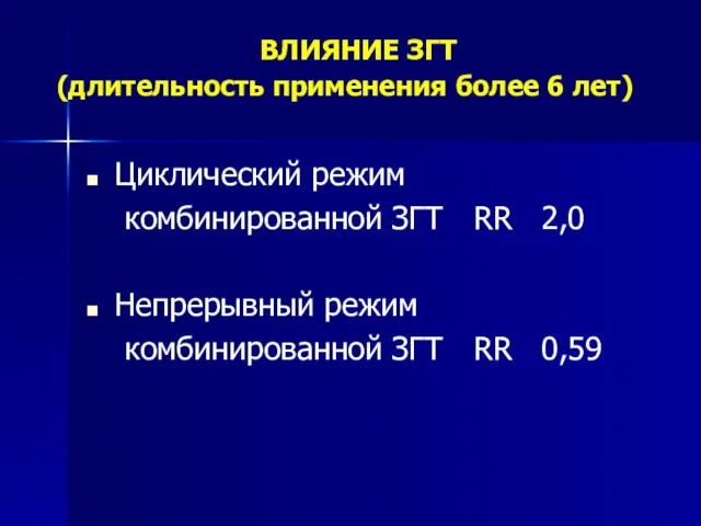 ВЛИЯНИЕ ЗГТ (длительность применения более 6 лет) Циклический режим комбинированной