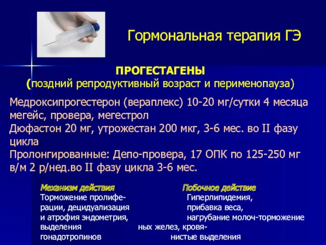 Механизм действия Побочное действие Торможение пролифе- Гиперлипидемия, рации, децидуализация прибавка