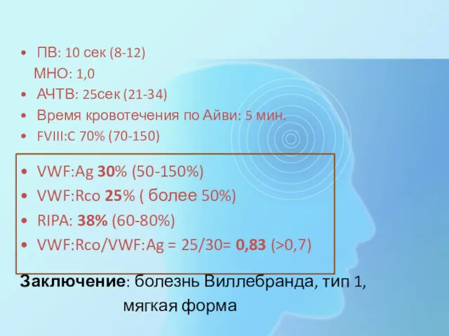 ПВ: 10 сек (8-12) МНО: 1,0 АЧТВ: 25сек (21-34) Время кровотечения по Айви: