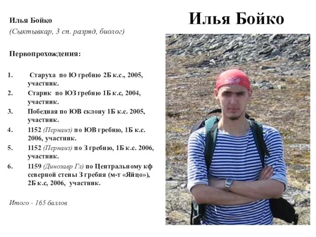 Илья Бойко Илья Бойко (Сыктывкар, 3 сп. разряд, биолог) Первопрохождения:
