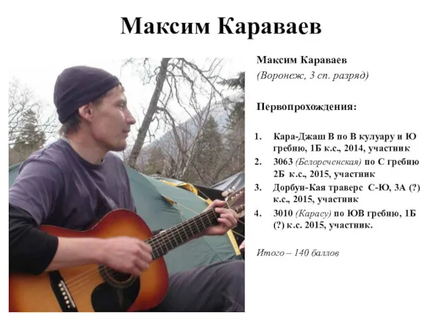 Максим Караваев Максим Караваев (Воронеж, 3 сп. разряд) Первопрохождения: Кара-Джаш