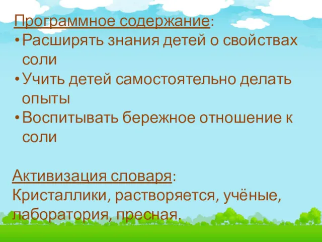 Программное содержание: Расширять знания детей о свойствах соли Учить детей