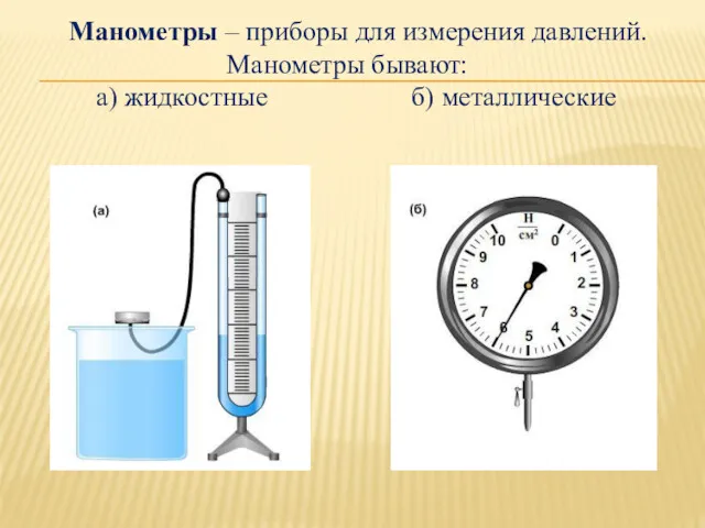 Манометры – приборы для измерения давлений. Манометры бывают: а) жидкостные б) металлические