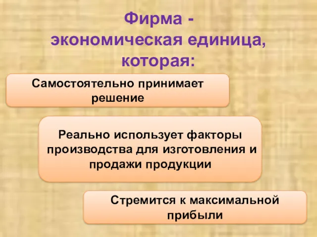 Фирма - экономическая единица, которая: Самостоятельно принимает решение Реально использует