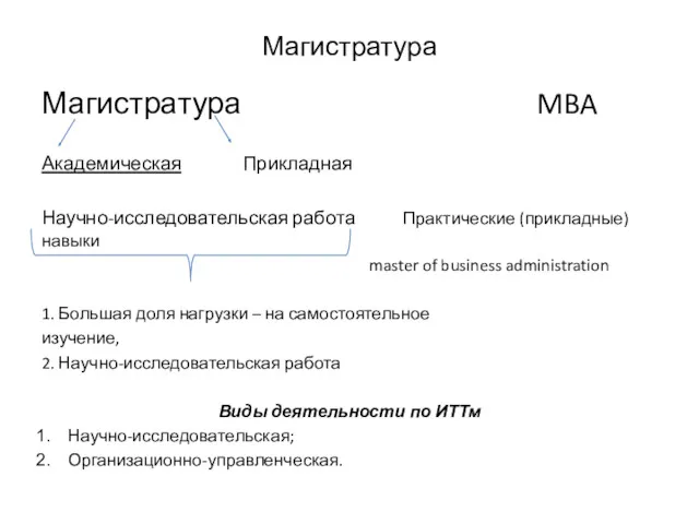 Магистратура Магистратура MBA Академическая Прикладная Научно-исследовательская работа Практические (прикладные) навыки