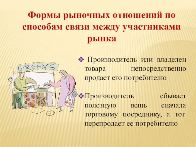 Производитель или владелец товара непосредственно продает его потребителю Производитель сбывает полезную вещь сначала