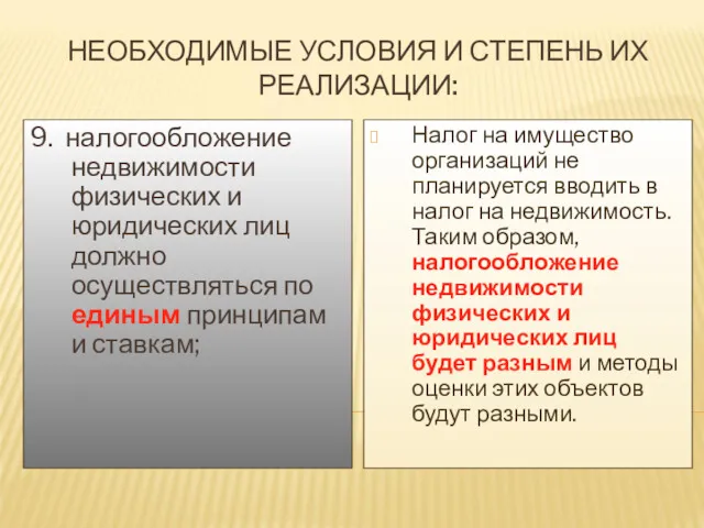 НЕОБХОДИМЫЕ УСЛОВИЯ И СТЕПЕНЬ ИХ РЕАЛИЗАЦИИ: 9. налогообложение недвижимости физических