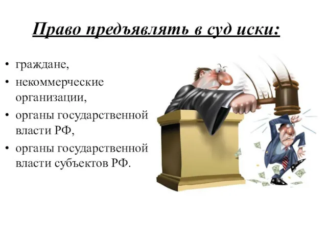 Право предъявлять в суд иски: граждане, некоммерческие организации, органы государственной власти РФ, органы