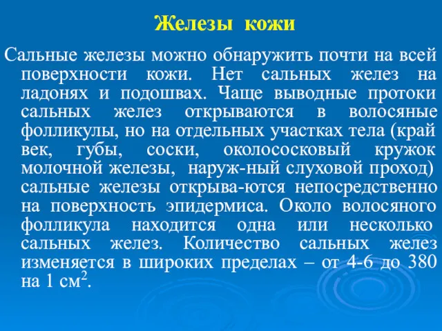 Железы кожи Сальные железы можно обнаружить почти на всей поверхности