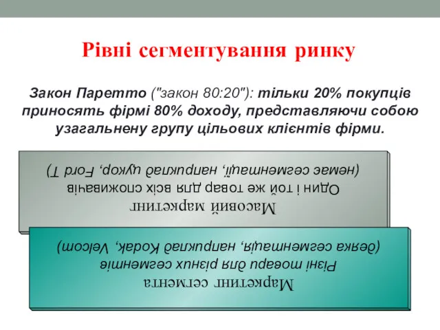 Рівні сегментування ринку Закон Паретто ("закон 80:20"): тільки 20% покупців