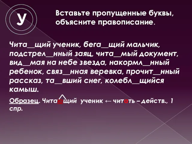 Вставьте пропущенные буквы, объясните правописание. Чита__щий ученик, бега__щий мальчик, подстрел__нный