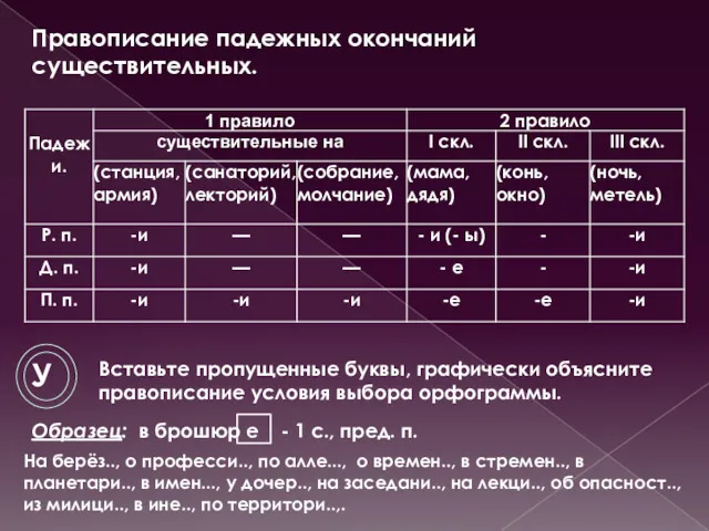 Правописание падежных окончаний существительных. У Образец: в брошюр е -