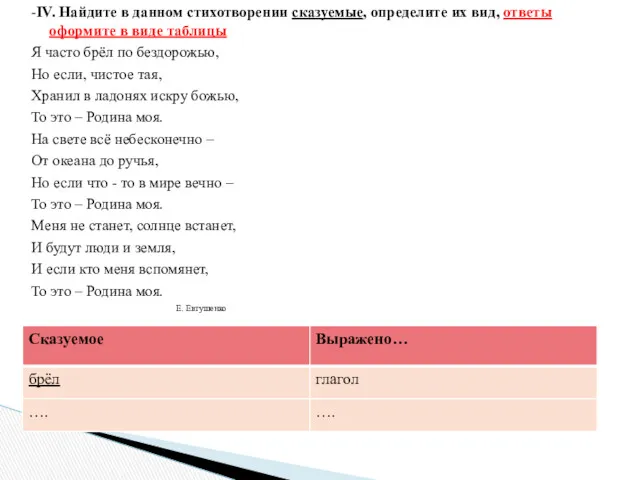 -IV. Найдите в данном стихотворении сказуемые, определите их вид, ответы