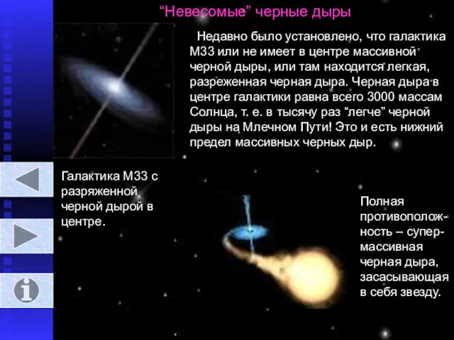 “Невесомые” черные дыры Недавно было установлено, что галактика М33 или не имеет в