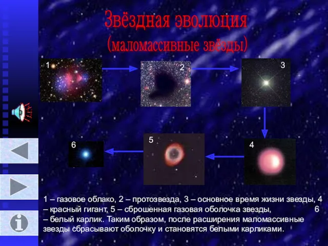 Звёздная эволюция (маломассивные звёзды) 1 2 3 4 5 6 1 – газовое