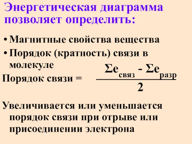 Энергетическая диаграмма позволяет определить: Магнитные свойства вещества Порядок (кратность) связи