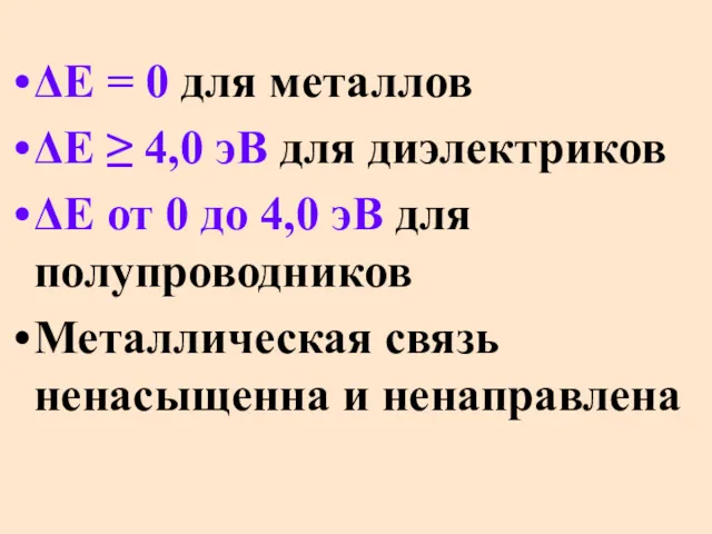 ΔЕ = 0 для металлов ΔЕ ≥ 4,0 эВ для