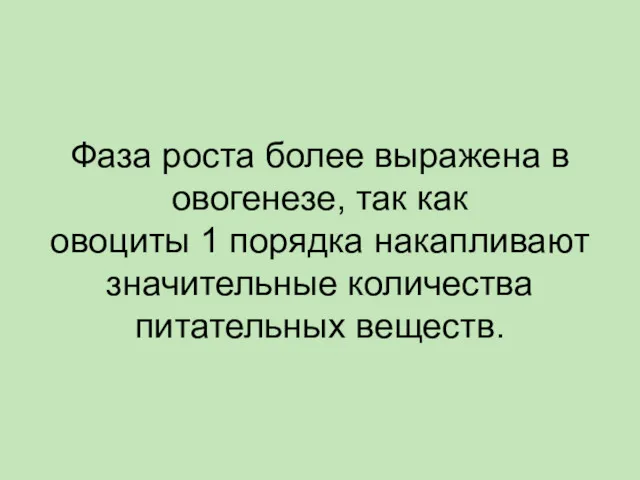 Фаза роста более выражена в овогенезе, так как овоциты 1 порядка накапливают значительные количества питательных веществ.