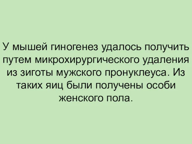 У мышей гиногенез удалось получить путем микрохирургического удаления из зиготы