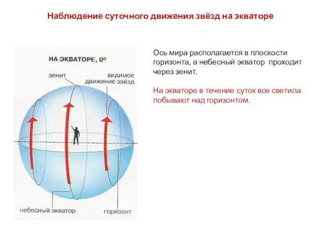 Ось мира располагается в плоскости горизонта, а небесный экватор проходит