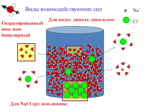 Виды взаимодействующих сил Для воды: диполь-дипольное Для NaCl (р): ион-ионное Гидратированный ион: ион-биполярный