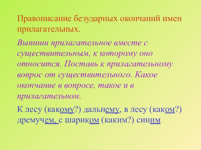 Правописание безударных окончаний имен прилагательных. Выпиши прилагательное вместе с существительным,