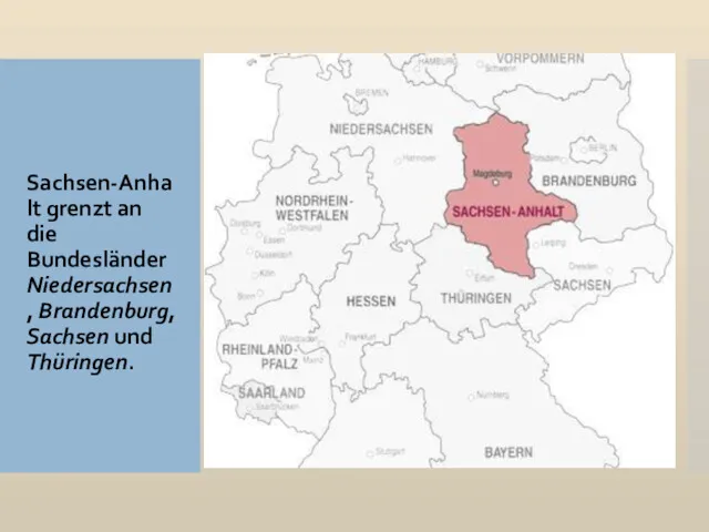 Sachsen-Anhalt grenzt an die Bundesländer Niedersachsen, Brandenburg, Sachsen und Thüringen.