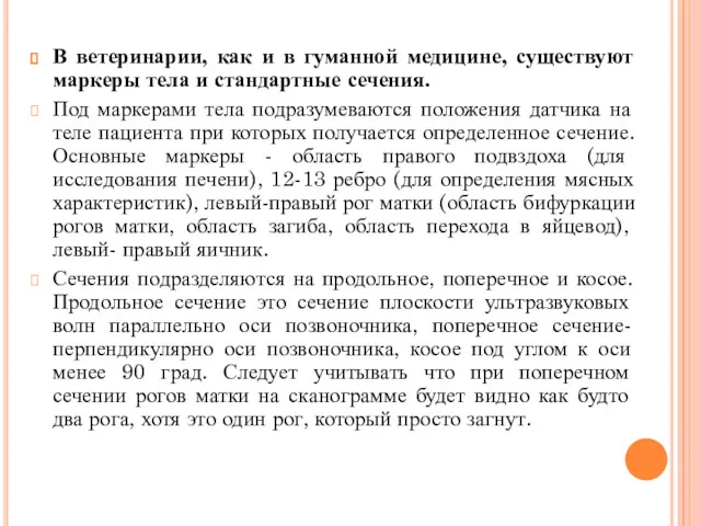 В ветеринарии, как и в гуманной медицине, существуют маркеры тела и стандартные сечения.