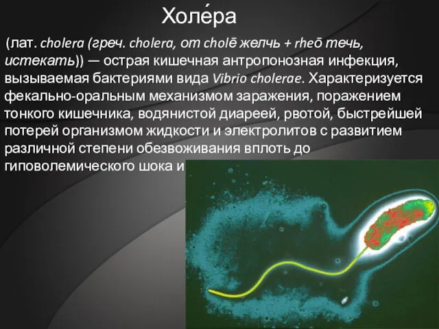 (лат. cholera (греч. cholera, от cholē желчь + rheō течь,