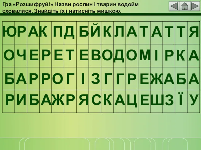 Гра «Розшифруй!» Назви рослин і тварин водойм сховалися. Знайдіть їх