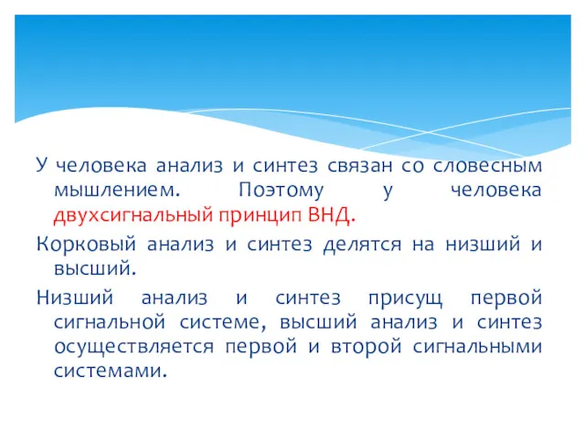 У человека анализ и синтез связан со словесным мышлением. Поэтому