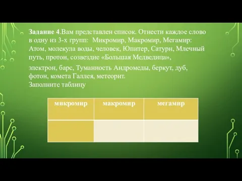 Задание 4.Вам представлен список. Отнести каждое слово в одну из