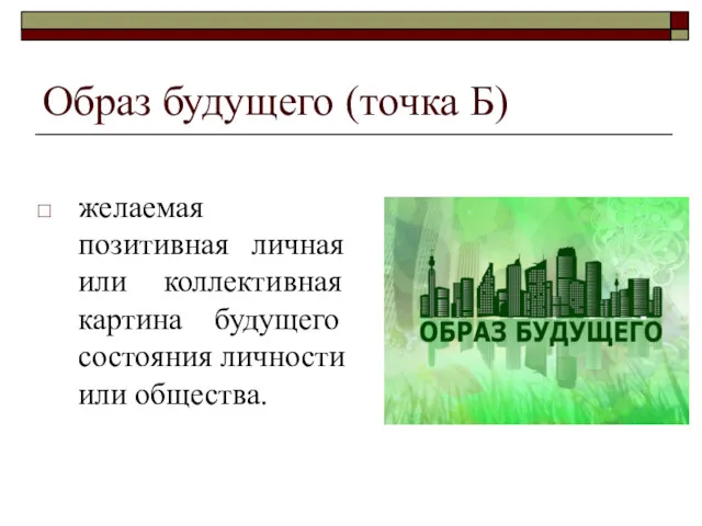 Образ будущего (точка Б) желаемая позитивная личная или коллективная картина будущего состояния личности или общества.