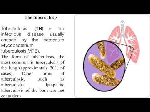 The tuberculosis Tuberculosis (TB) is an infectious disease usually caused