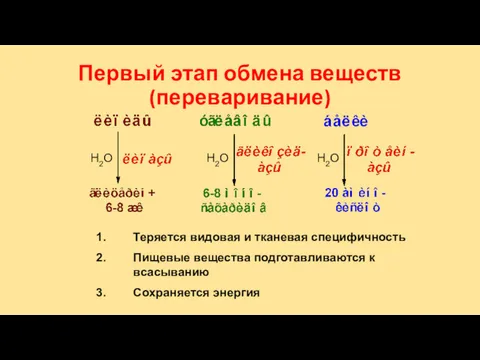 Первый этап обмена веществ (переваривание) Теряется видовая и тканевая специфичность