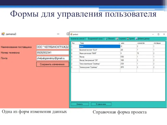 Формы для управления пользователя Справочная форма проекта Одна из форм изменения данных