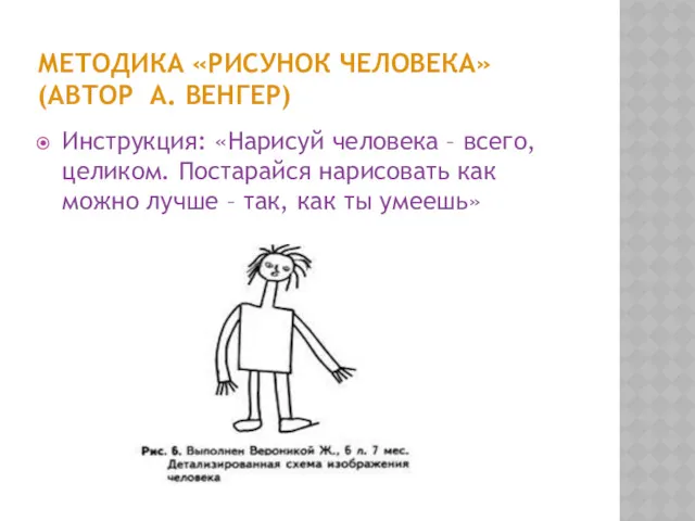 МЕТОДИКА «РИСУНОК ЧЕЛОВЕКА» (АВТОР А. ВЕНГЕР) Инструкция: «Нарисуй человека –