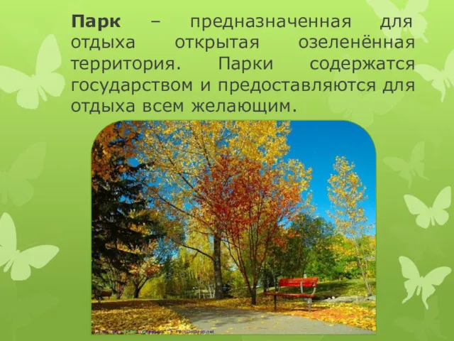 Парк – предназначенная для отдыха открытая озеленённая территория. Парки содержатся