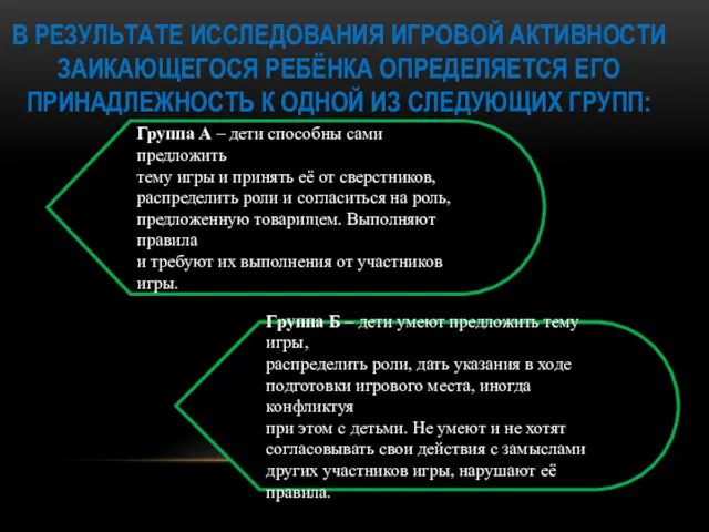 В РЕЗУЛЬТАТЕ ИССЛЕДОВАНИЯ ИГРОВОЙ АКТИВНОСТИ ЗАИКАЮЩЕГОСЯ РЕБЁНКА ОПРЕДЕЛЯЕТСЯ ЕГО ПРИНАДЛЕЖНОСТЬ