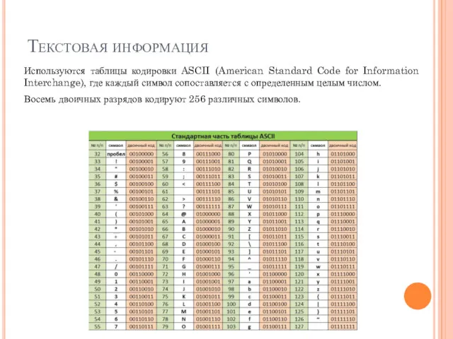 Текстовая информация Используются таблицы кодировки ASCII (American Standard Code for Information Interchange), где