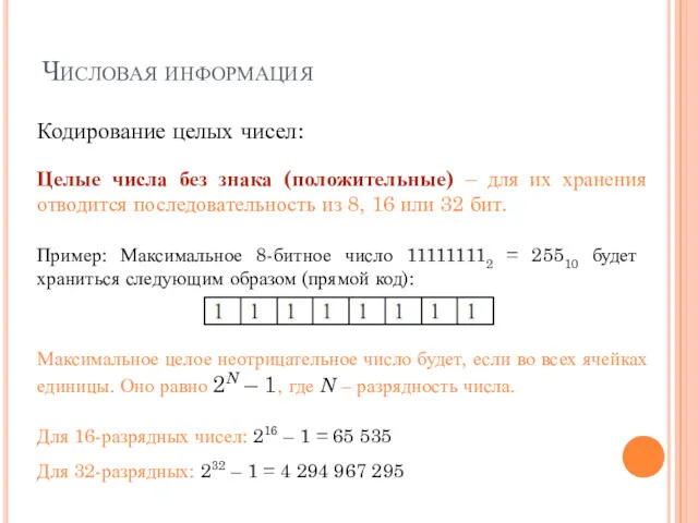 Числовая информация Кодирование целых чисел: Целые числа без знака (положительные)