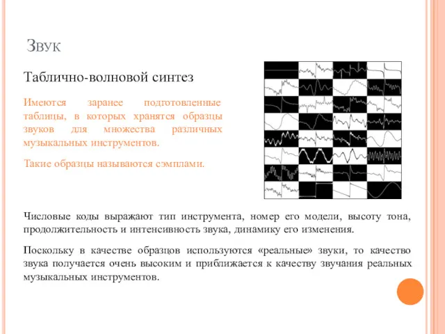 Звук Таблично-волновой синтез Имеются заранее подготовленные таблицы, в которых хранятся образцы звуков для